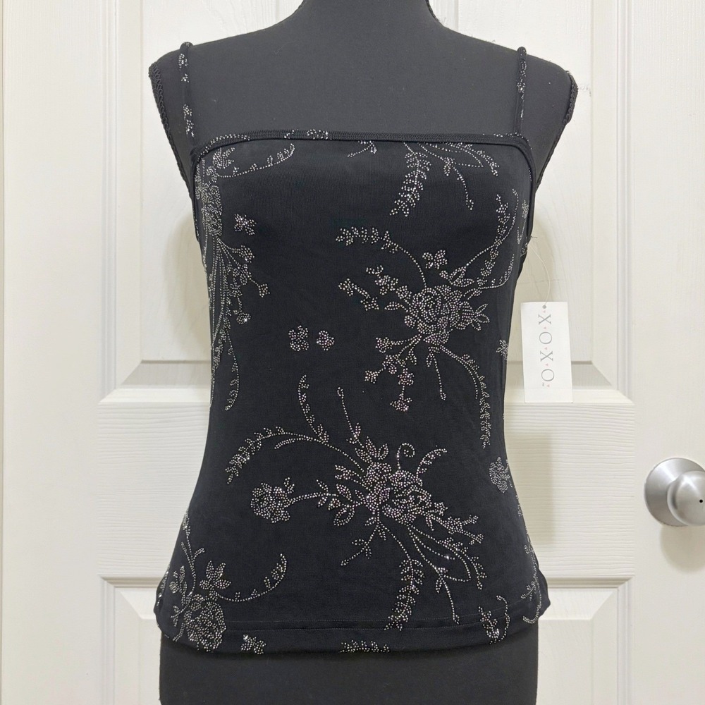 NEW XOXO Cropped Cami Tank Top S M L Black Floral Glitter Stretch VTG Y2K Club